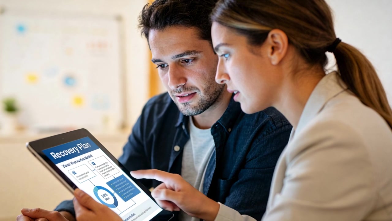 Reviewing tablet showing Recovery Plan, pair in business attire leaning at office tapping charts