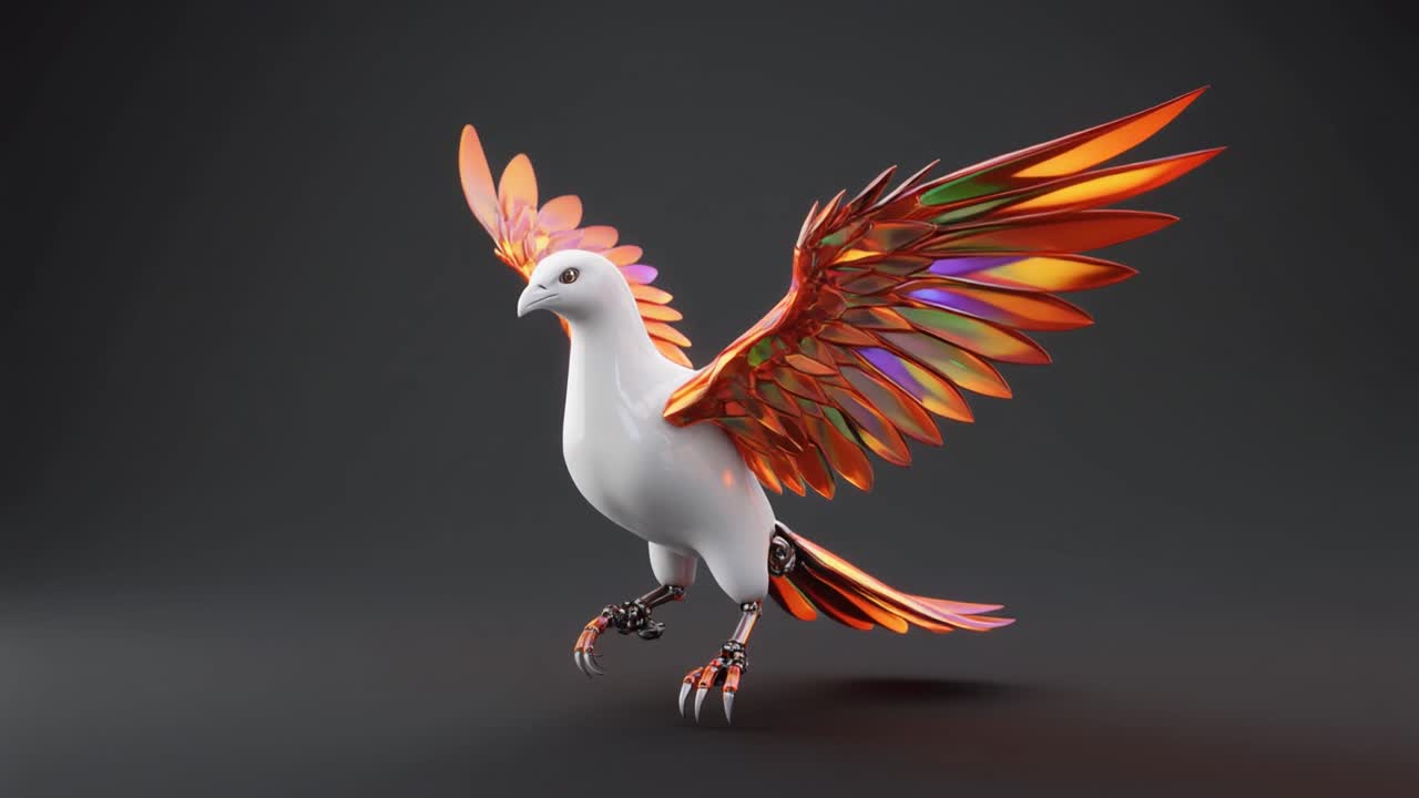 Uccello robotico futuristico con ali iridescenti e colorate