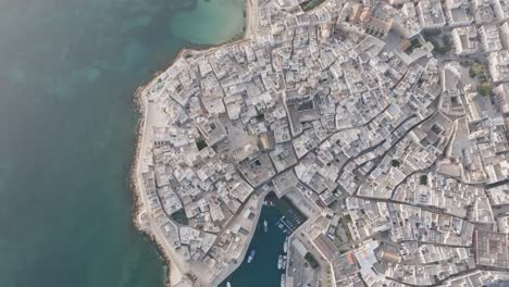 wide top down aerial side to side pan of the town of monopoli in the light of the morning in italy