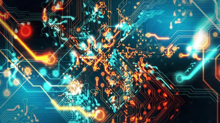 Circuitry visualization pulsing from peripheral sparks, camera dollying revealing HUD telemetry