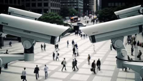 Surveillance in Urban Life: CCTV Cameras Overlooking Busy City Street with Pedestrians Crossings and Modern Architecture