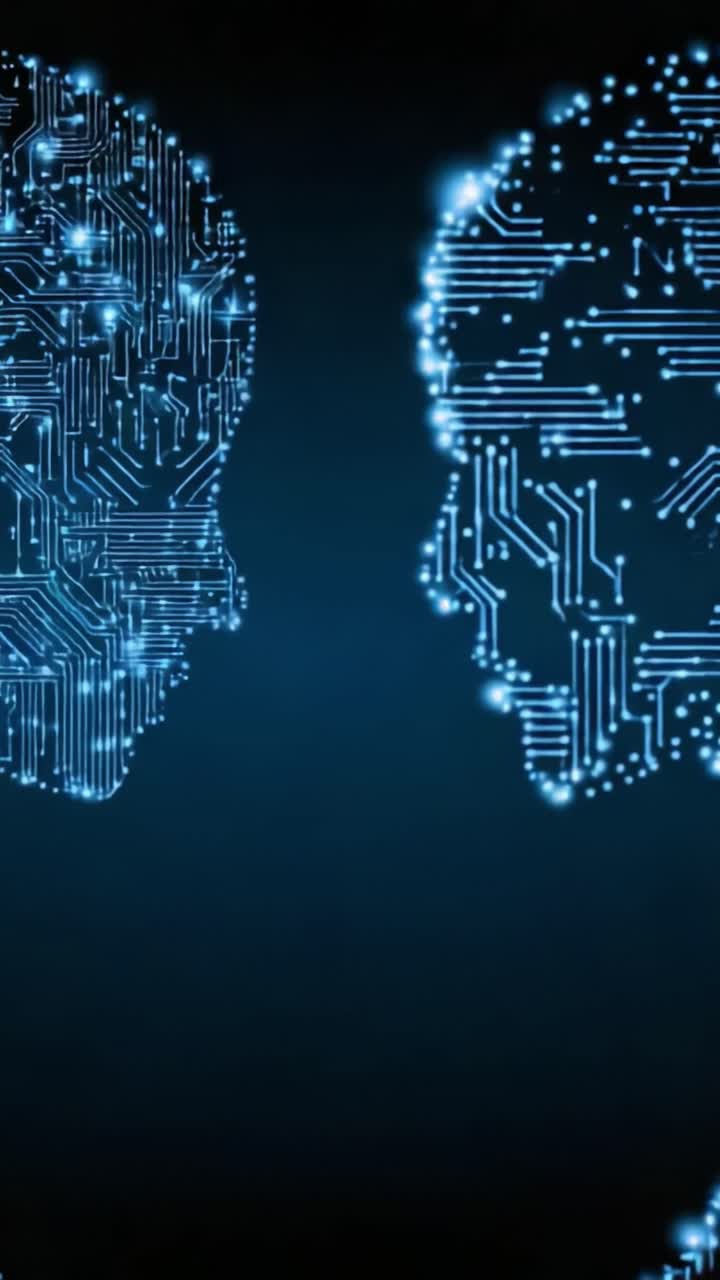 Two Digital Human Silhouettes Merging Technology and Emotion Through Circuit Patterns in a Modern Abstract Design
