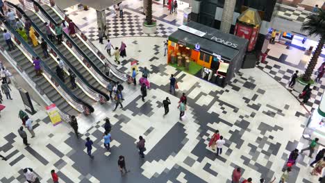 busy shopping mall interior with people and escalators