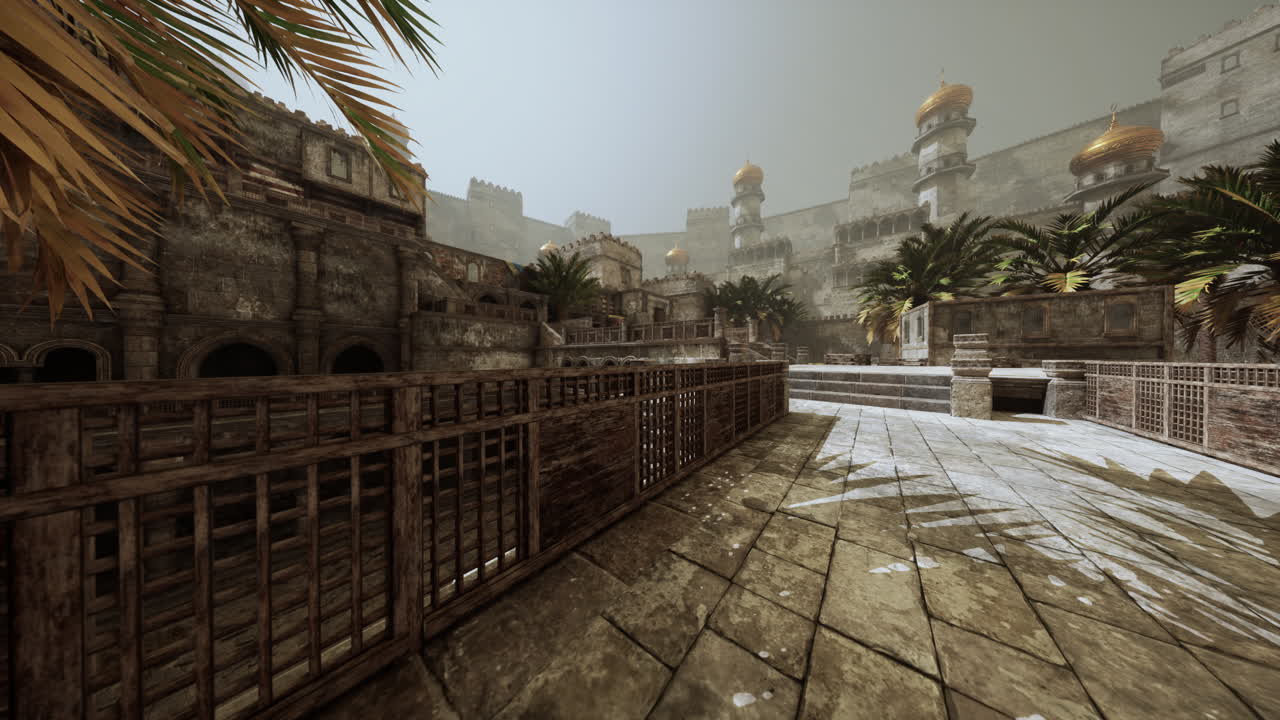 Exploring ancient ruins with palm trees in the east