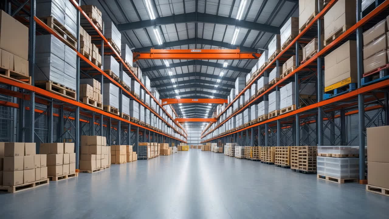Empty Modern Warehouse with Pallets and Boxes