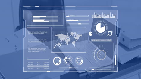 animation of financial data processing over desk in office