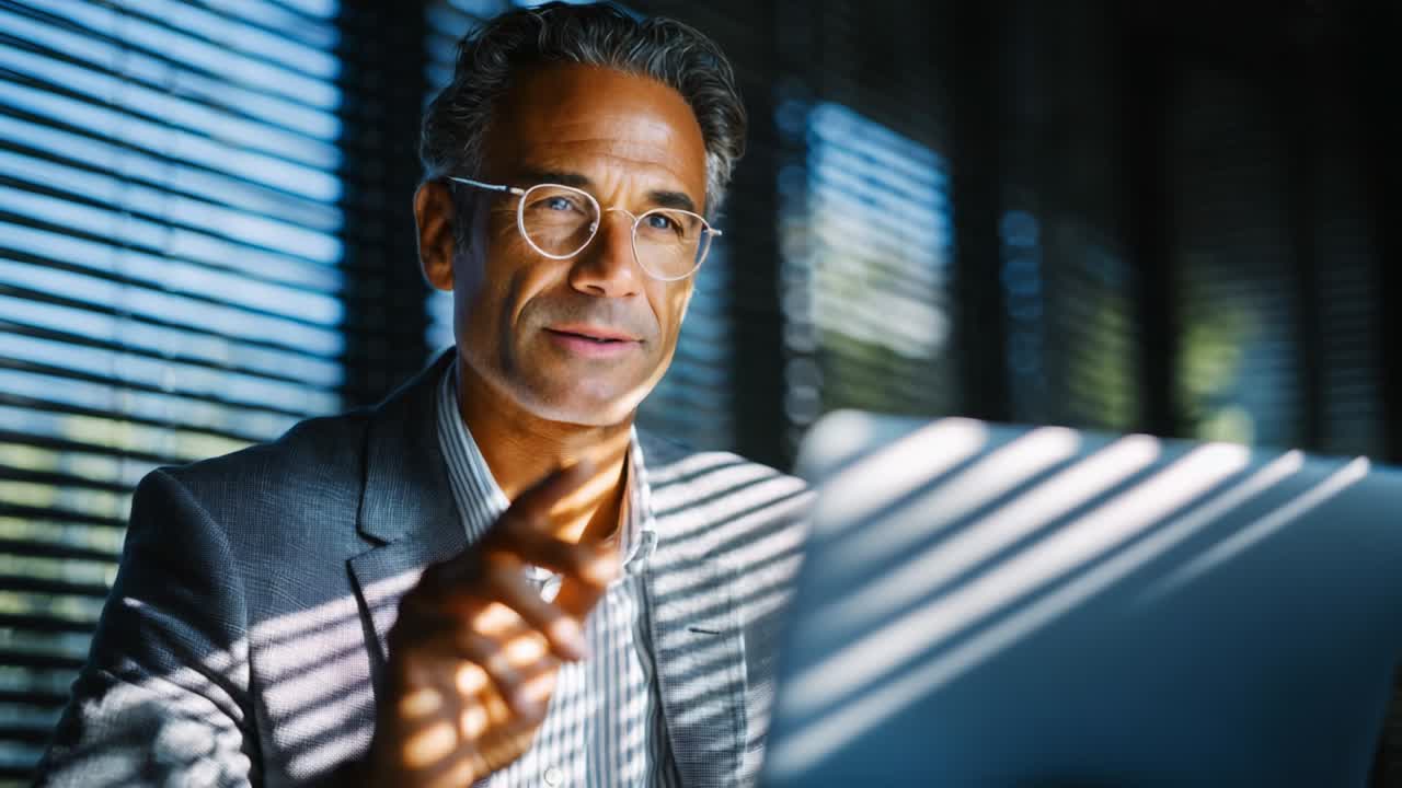 Fokuseret og professionel person fordybet i tankevækkende arbejde med bærbar computer på et lyst kontor badet i sollys omgivet af stribede skygger fra persienner