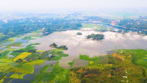 aerial landscape view of rural village with cultivated wetland and small river, zoom in shot