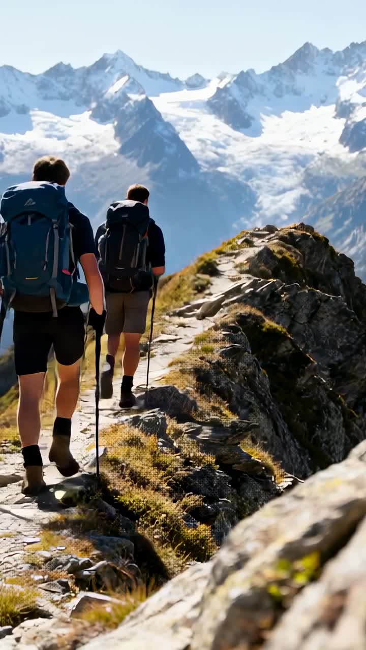 Video verticale: due escursionisti che camminano con zaini usando bastoncini mentre la cresta si restringe verso il ghiacciaio, in pantaloncini.