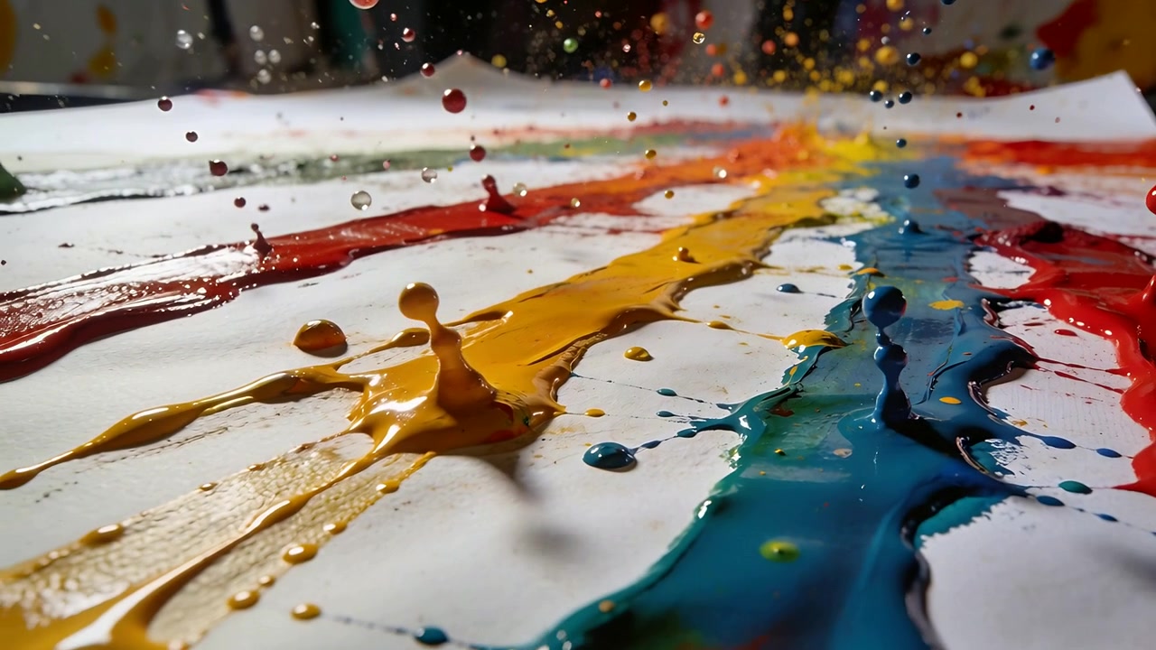 Vibrazione che scuote tre spesse creste di vernice rossa, gialla e blu su carta bianca, con goccioline che salgono.
