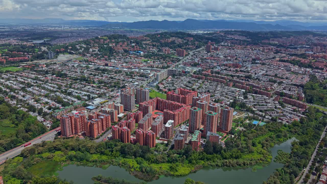 Aerial view of High Block Lagoon, Bogota city, showcasing urban landscape