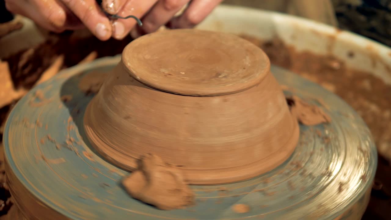 A potter carves the foot of a new bowl.