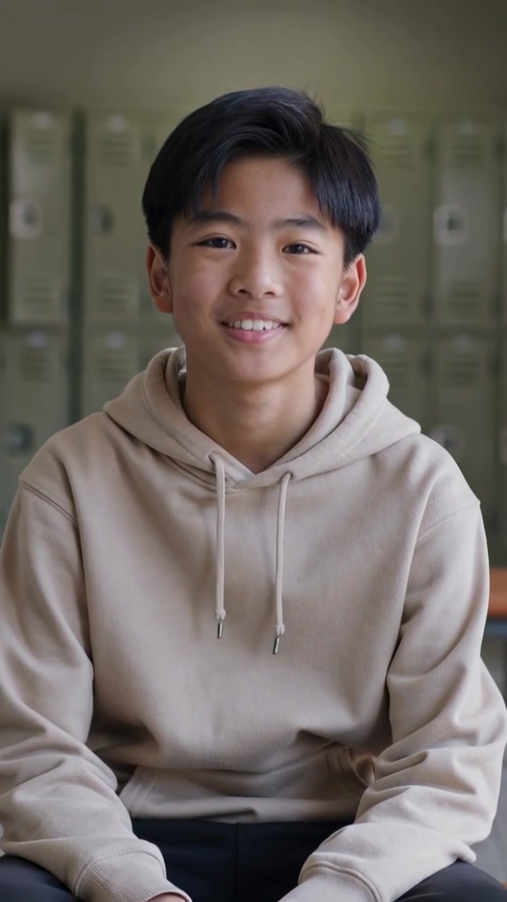 Video verticale: La telecamera inquadra un adolescente che apre gli occhi e sorride su una panca negli spogliatoi, indossando una felpa con cappuccio.