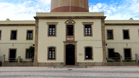 Yellow-structure-serves-as-the-entrance-to-Faro-da-Barra-in-Costa-Nova,-Portugal