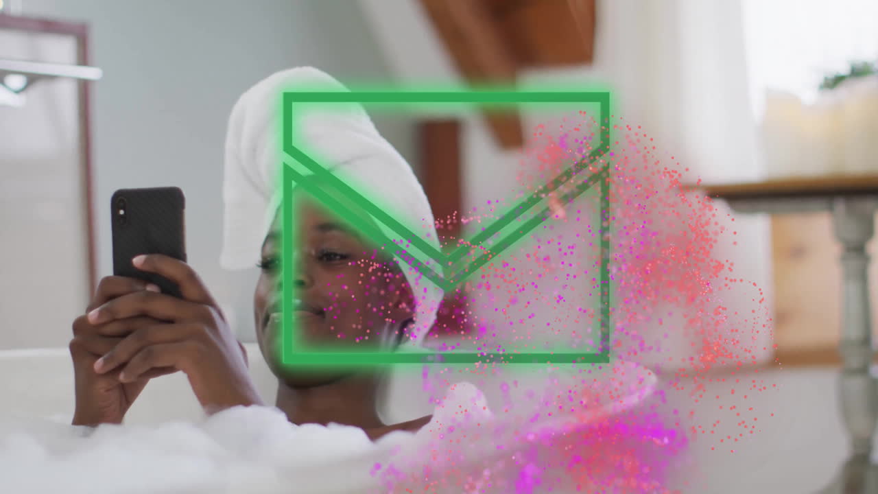 Woman soaking in bathtub holding smartphone, showing animated health chart and heart icon