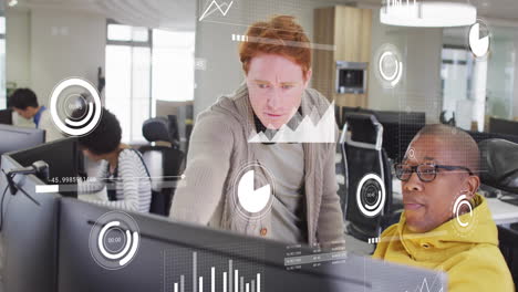 animation of graphs, loading bars and circles over diverse coworkers discussing reports on computer