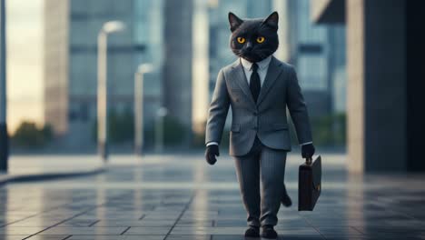 an unusual business cat: a feline figure in a suit striding with confidence through a modern urban setting, emphasizing unique character and style
