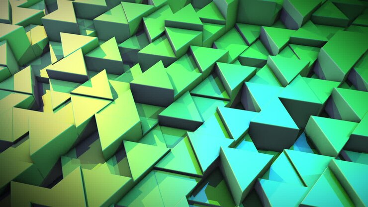 Abstract animation of green 3D moving triangles. Background of numerous three-dimensional figures.