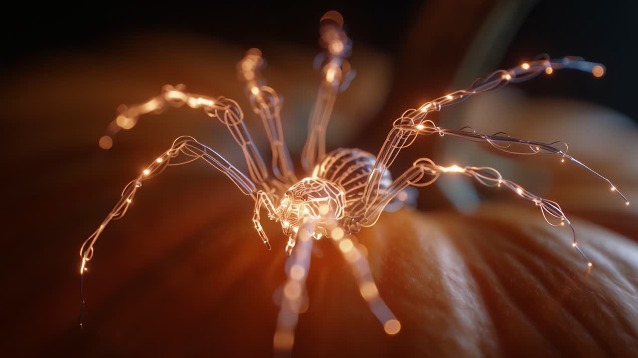 A Striking Macro View of an Intricate Wireframe Spider Adorning a Vibrant Pumpkin, Perfectly Captured in Stunning Detail and Warm Lighting