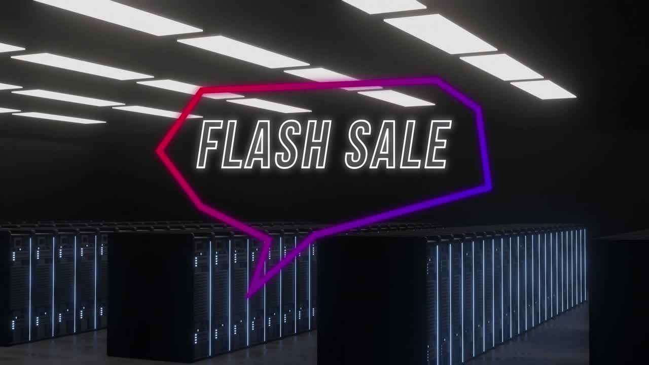 Animazione del testo 'offerta lampo' in un fumetto al neon su server informatici