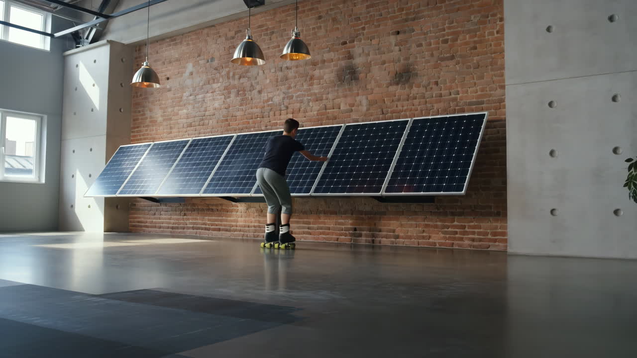 Person on roller skates interacting with indoor solar panels in a modern, industrial-style space