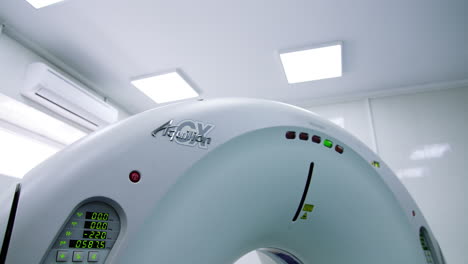computed tomography scanner in a hospital room. toshiba equipment for magnetic resonance imaging. low angle view.