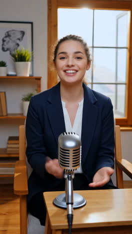 woman host podcasting with vintage microphone