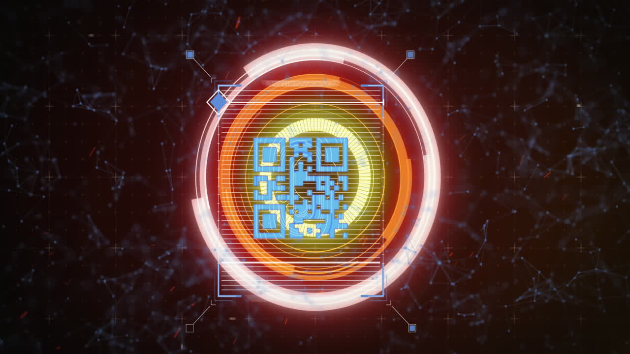 animación de escaneo de alcance y seguridad en línea de código qr con red de conexiones en segundo plano