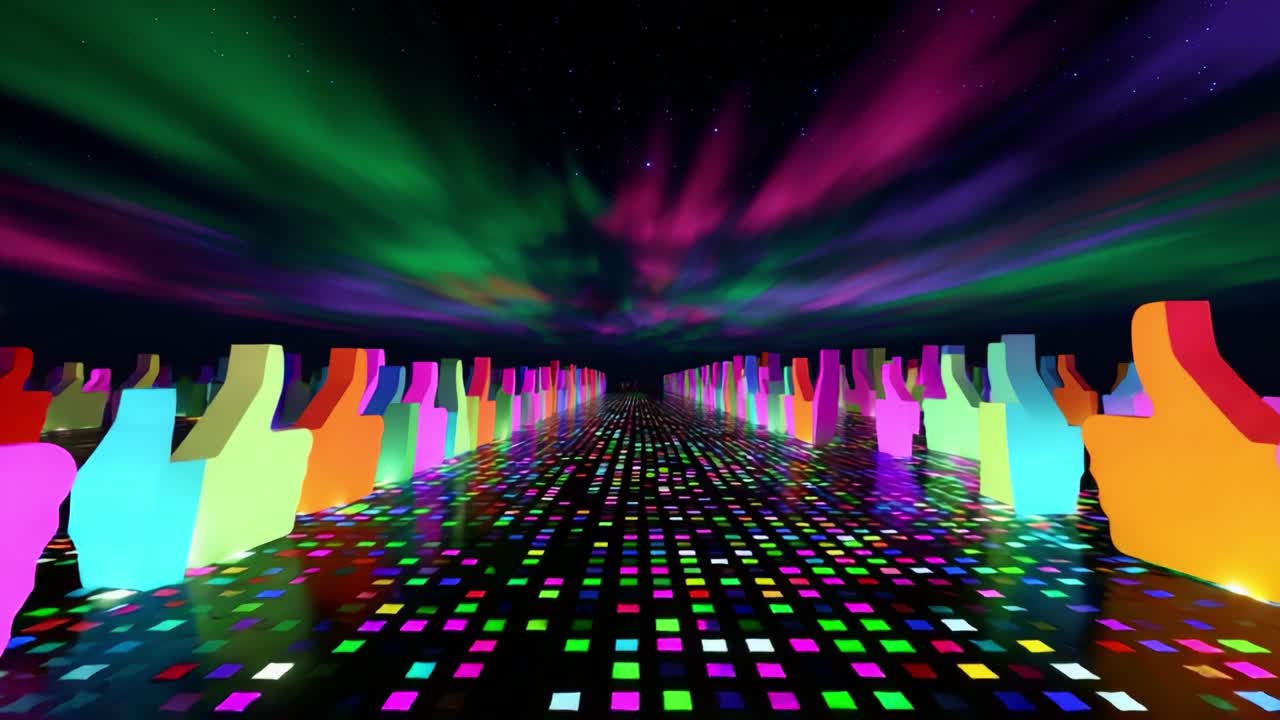 A Mesmerizing Display of Colorful Thumbs As You Walk Through a Vibrant Landscape Under Starlit Skies Enhanced by the Dazzling Aura of Colorful Lights and Digital Artistry, Inviting Awe and Engagement
