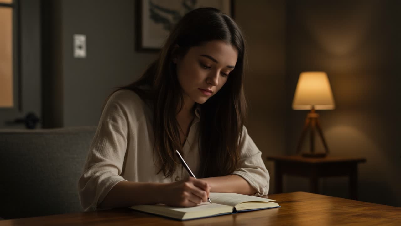 A Thoughtful Young Woman Engaged in Reflective Writing at a Cozy Desk, Illuminated by a Soft Lamp Glow in a Tranquil Indoor Setting