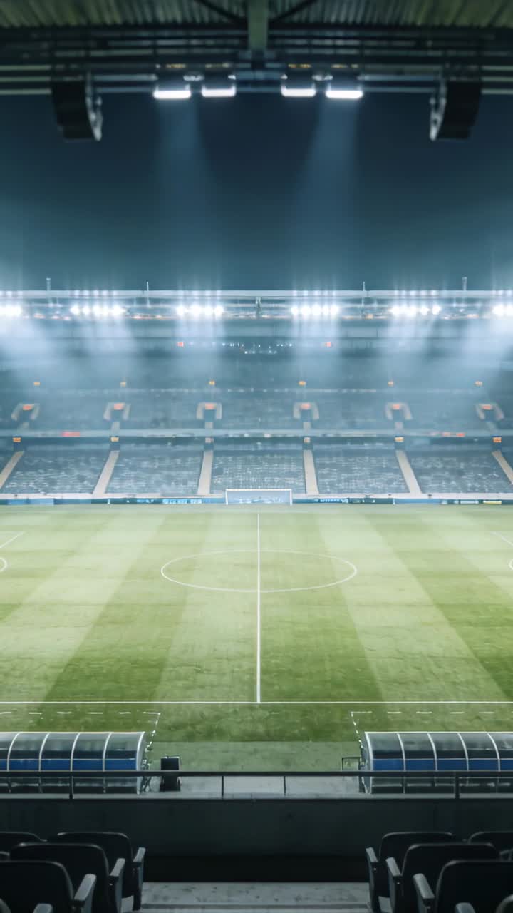 Video verticale: Riflettori che si accendono, campo e panchine che brillano allo stadio, in preparazione per la partita.