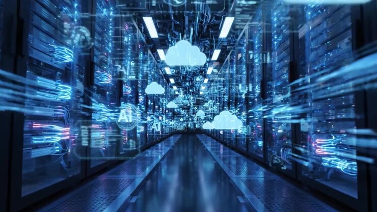 High-Tech Data Center Corridor Featuring Advanced Server Racks and Cloud Technology Illuminated by Blue Lighting and Digital Information Flows
