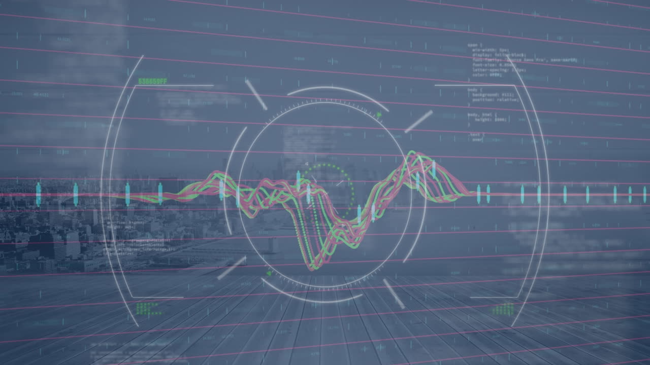 Animation of scope scanning over data processing against aerial view of cityscape