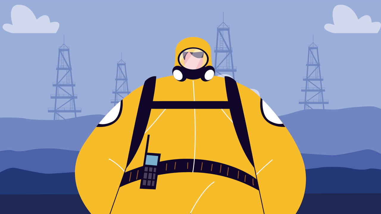 trabajador industrial que usa un traje de bioseguridad para la protección contra covid-19 en una refinería