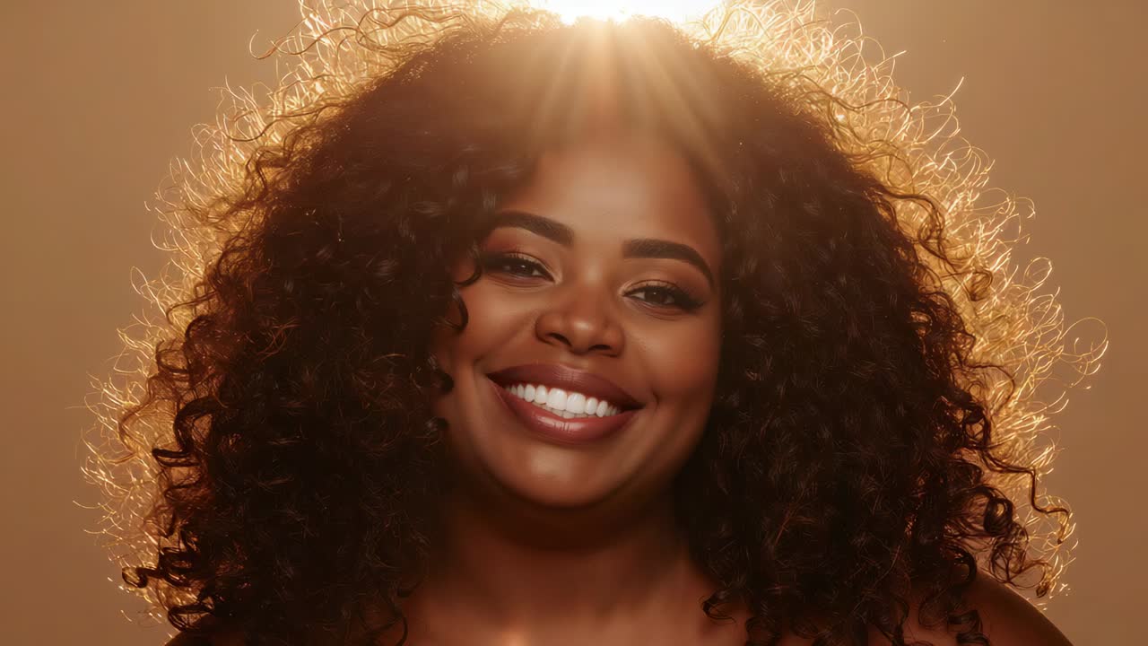 Mulher sorrindo com os ombros à mostra reagindo à luz solar forte em estúdio, semicerrando as pálpebras e fechando os olhos