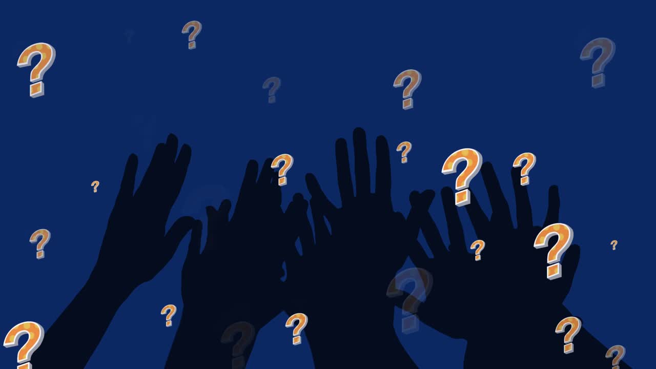 Animation of question marks over hands on blue background