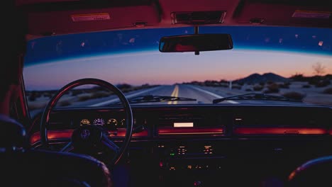 POV video from inside a car at dusk, capturing a serene desert road