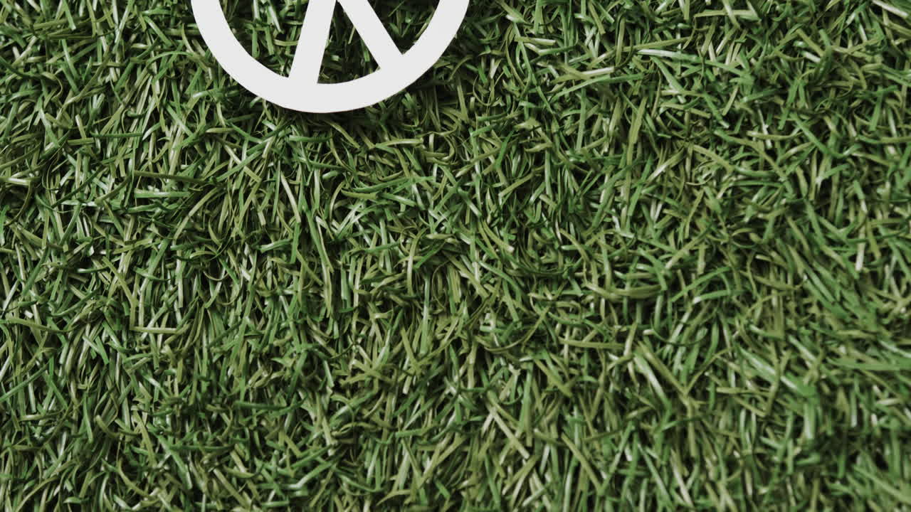 잔디 바탕에 복사 공간이 있는  ⁇ 색 평화 표지판의 클로즈업