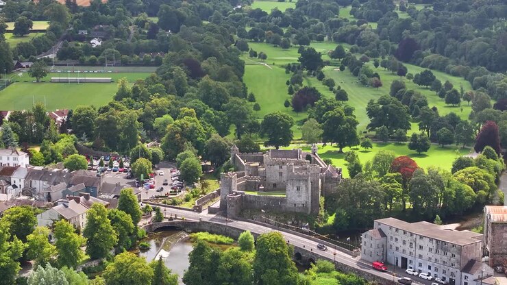 Cahir Castle aerial tele zoom. Historical landmark and tourist attraction in Cahir, Tipperary, Ireland