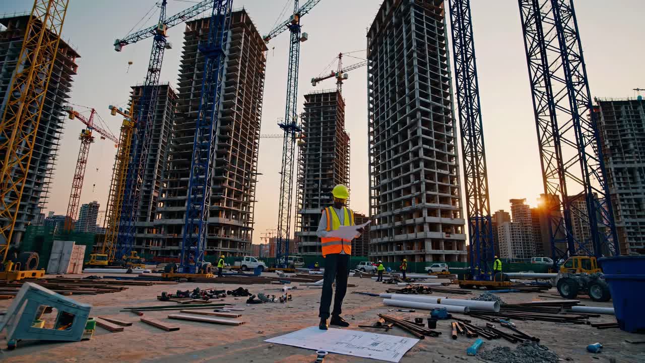 Wide-angle video shot of a construction site at sunset, featuring a worker in a hard hat examining