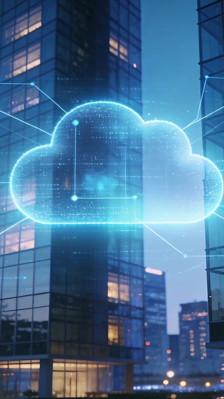Vertical video: Projecting neon cloud with pulsing node sending data to glass towers at dusk, links