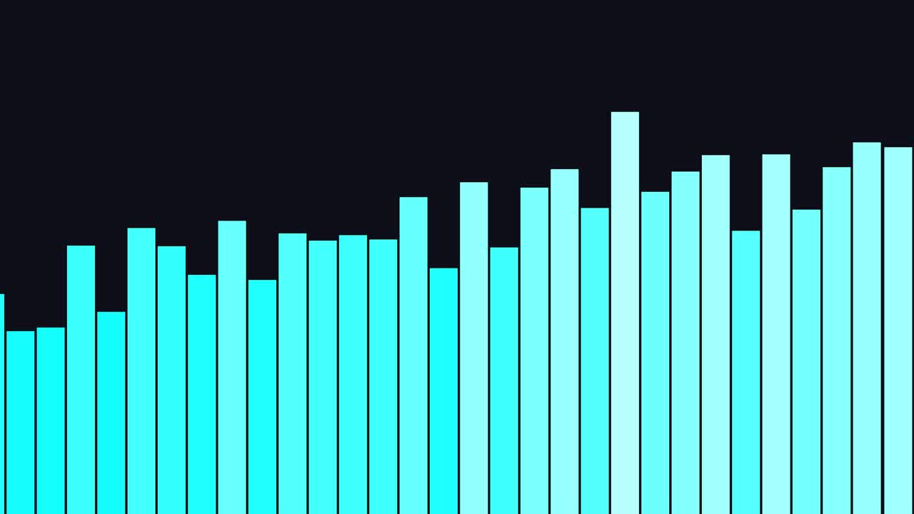 A modern digital audio equalizer or data bar chart displaying fluctuating light blue levels against a dark navy blue background