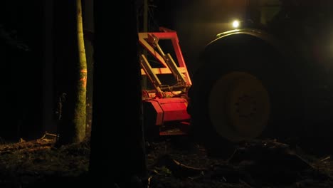 Forest-mulcher-processes-tree-remains-after-bark-beetle-infestation-at-night-between-trees