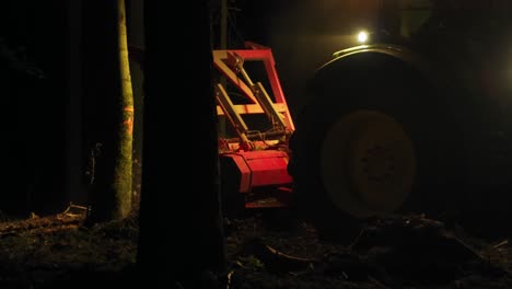 forest mulcher processes tree remains after bark beetle infestation at night between trees