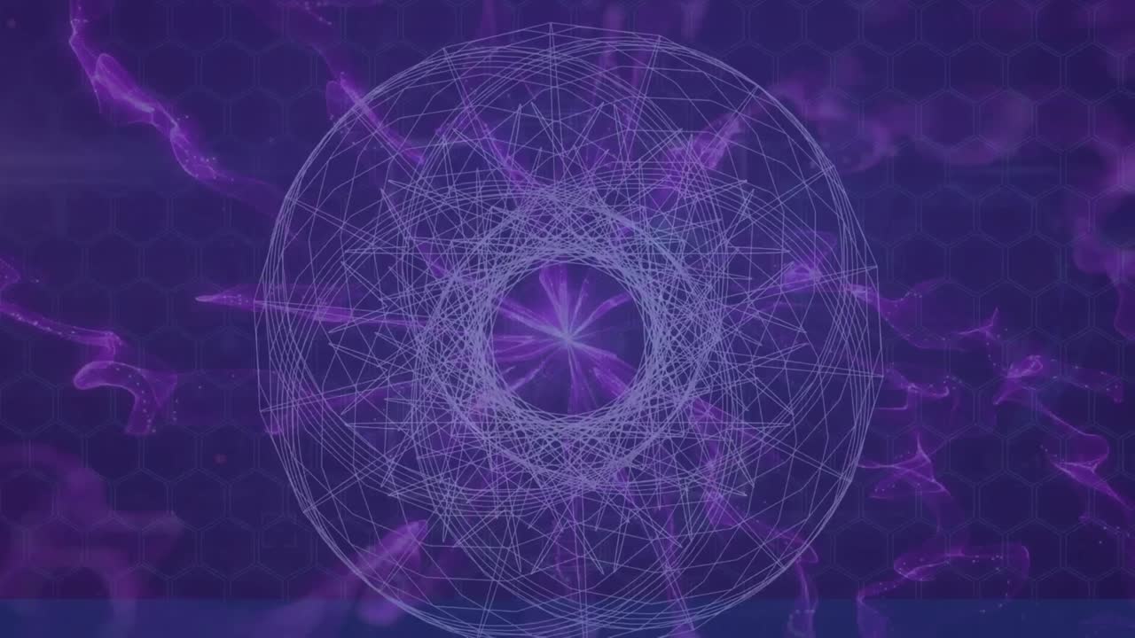 animación de formas abstractas y ondas digitales púrpuras contra un fondo azul.