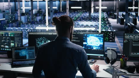 data center computer scientist using pc to monitor neural network using ai llm
