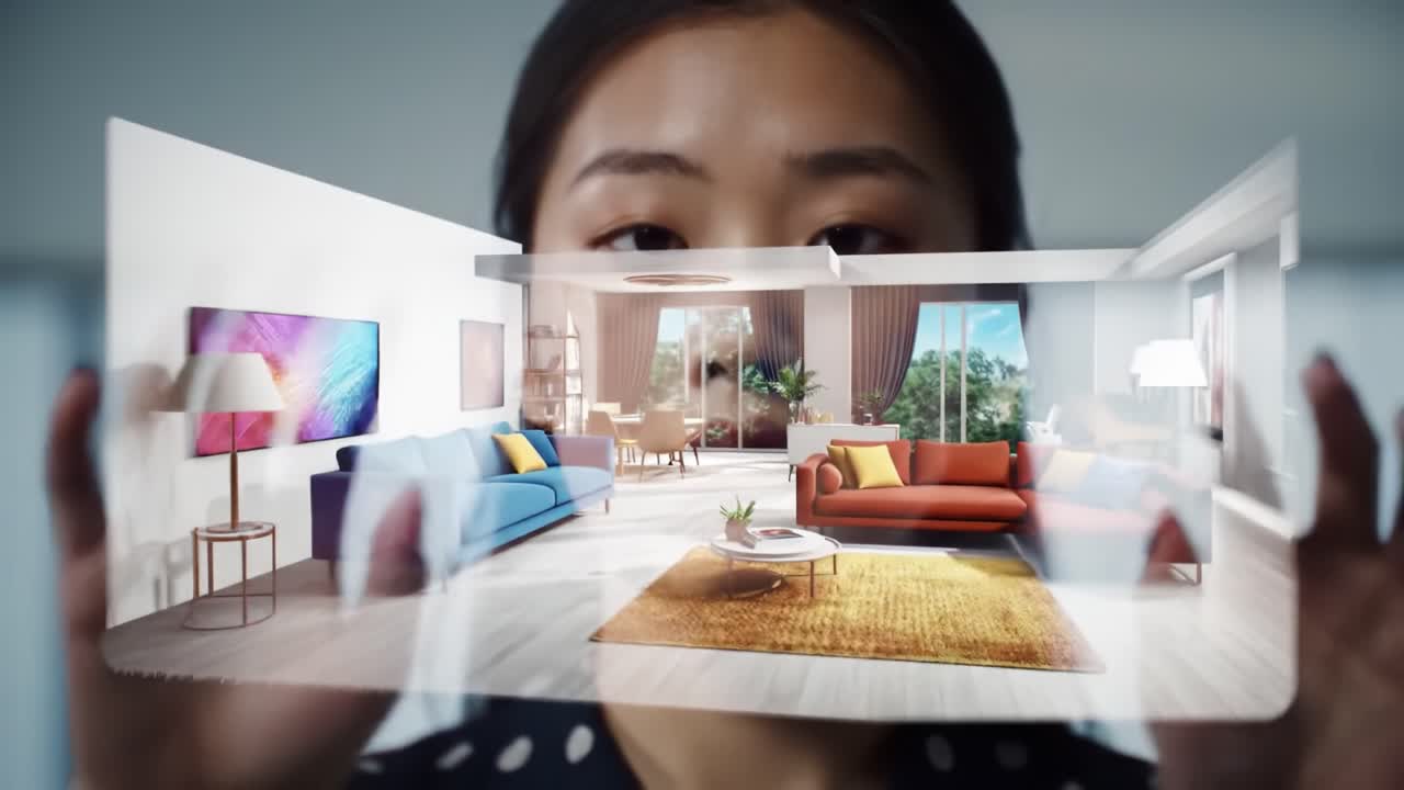 A woman in a polka dot outfit interacts with a virtual interface using gesture controls. The setting is a contemporary office, showcasing cutting-edge technology and user experience.