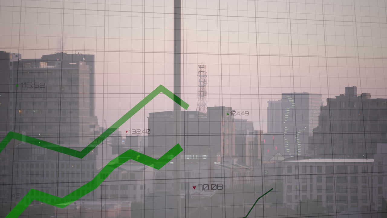 animación de líneas verdes y procesamiento de datos financieros sobre el paisaje urbano
