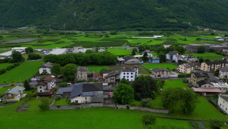 drone shot of an italian village surrounded by bright green fields and foothills in the alpine valley. shot in villa di tirano, sondrio, italy (italia)