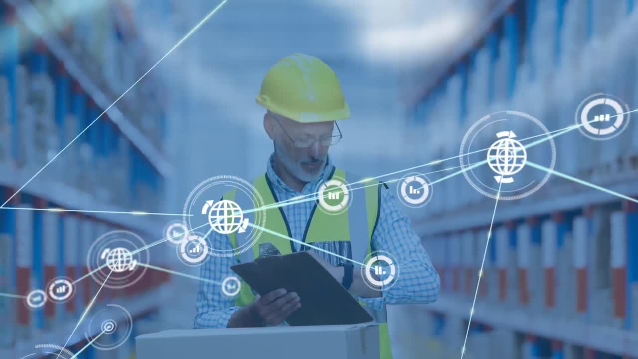 animación de una red de conexiones con iconos sobre un trabajador caucásico en un almacén